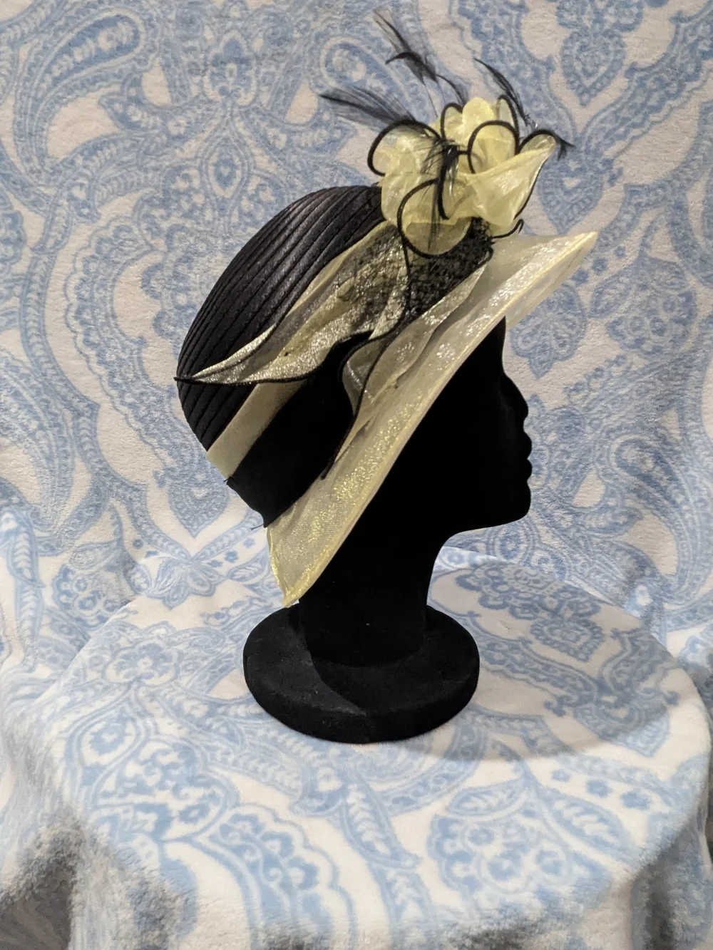 Pale Yellow Wide-Brim Dress Hat with Black Accents